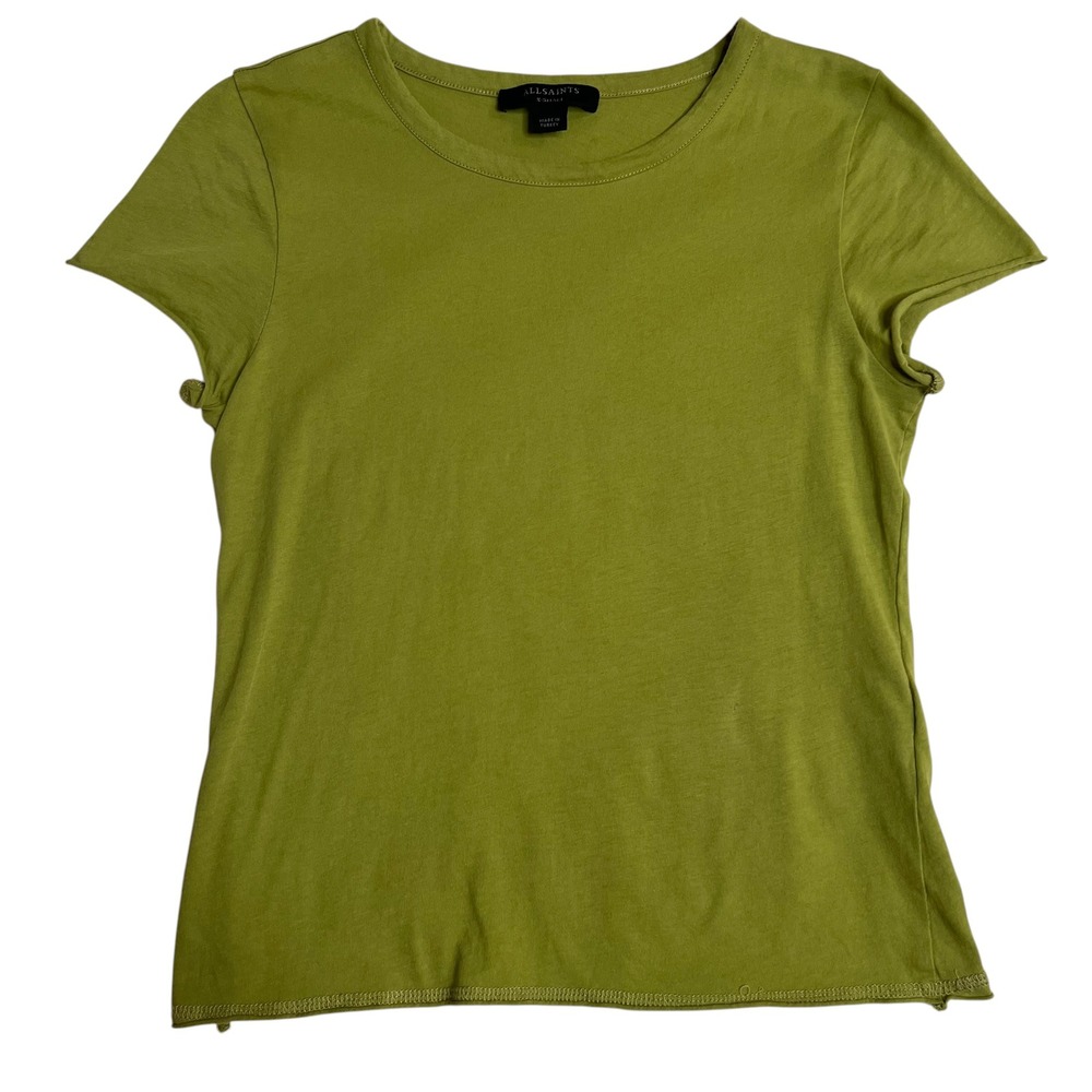 All Saints Green Short Sleeve Bella Raw Hem Crew Neck Tee Shirt SZ XS Minimalist